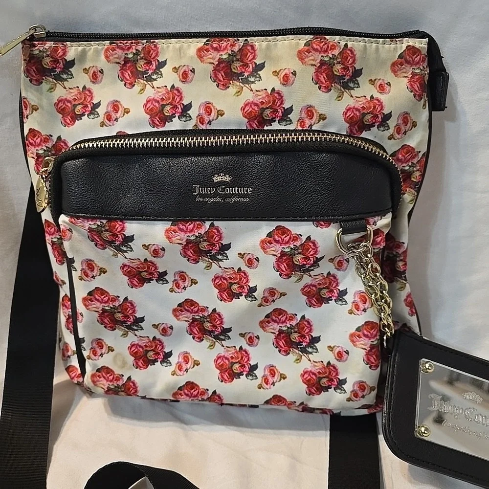 Juicy Couture Varsity Bloom Rose Floral Mid‎ Crossbody Bag Purse White Pink